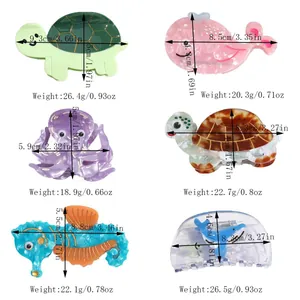 Size guide for acetate ocean animal hair claws including turtle whale and seahorse specs