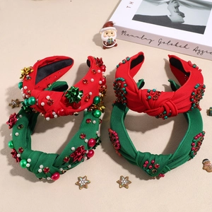 Weihnachten Knoten Stirnband Damen Strass Kunstperle Herz Blume Strick Breit Haarband Festlich Party Haarschmuck