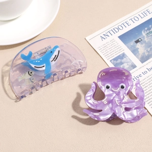 Whale and octopus theme hair claw clips made of purple acetate for women's hair styling
