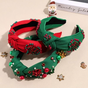 Weihnachtliche Knoten-Haarreifen Set mit roten und grünen Perlen und Strass auf Rippstoff