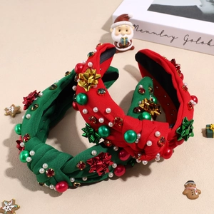 Weihnachts-Knoten-Haarband-Set mit Perlen und Strass in festlichem Rot und Grün Stoff