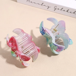 Two-piece ABS large flower hair claw clips with elegant watercolor marble texture