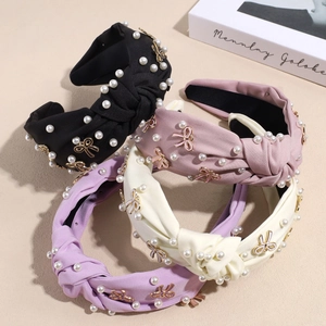 Eleganter Geknoteter Satin Haarreif Für Damen Mit Kunstperlen Und Legierungsschleife Retro High Top Haarschmuck Accessoire