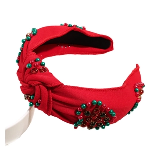 Weihnachtliches Stirnband mit rotem Strickstoff, Kunstperlen und Strassblüten