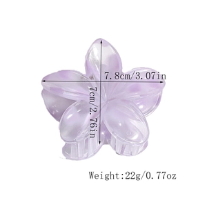 Detail view of purple flower hair claw clip with pearlescent finish and dimensions