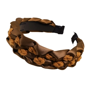 Fashionable brown and yellow braided fabric headband with a wide non-slip padded design
