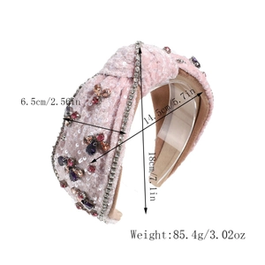 Detailed dimensions of pink sequined knotted headband with crystals and gems