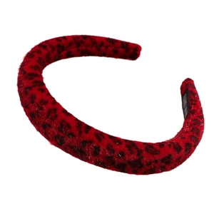 Plush leopard print headband in red and black with high top design for women