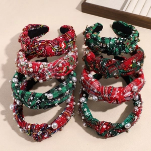 Christmas Plaid Knotted Wide Headband For Women Faux Artificial Pearl Rhinestone Snowflake Santa Claus Festive Hair Accessory