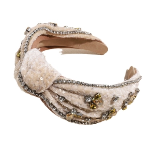 Baroque beige velvet knotted headband with sequins and large amber rhinestones