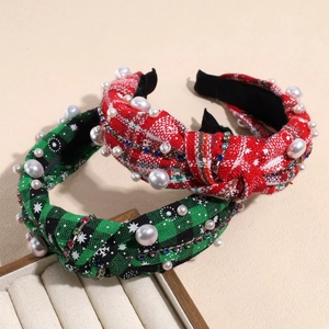 Christmas tweed knotted headbands with white pearls and sparkling rhinestone chains