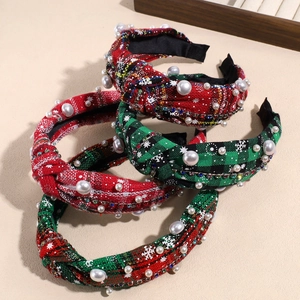 Set of four Christmas knot headbands with pearls, snowflake patterns, and colorful rhinestones