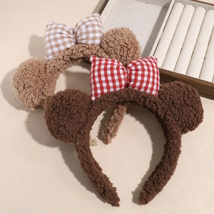 Plush leopard cat ear headbands with checkered bows in light and dark brown fleece