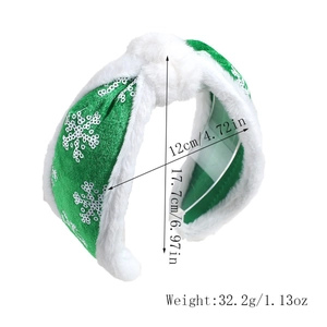 Green Christmas headband with snowflake sequins and plush trim detailing dimensions