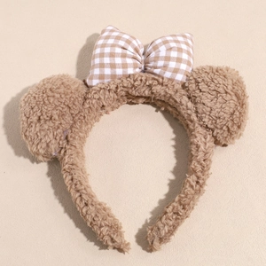 Leopard print plush cat ear headband with brown checkered bow for winter hair styling