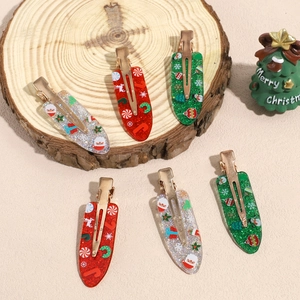 Christmas Glitter Acrylic Hair Clips Santa Claus Elk Snowflake Pattern Alloy Duckbill Clips Holiday Party Hair Accessories