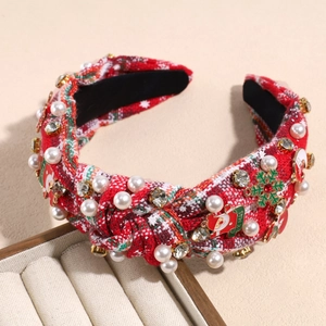 Detailed view of Christmas red plaid headband with pearls, rhinestones and Santa charms