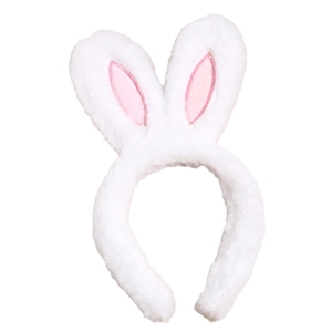 Cute white plush bunny ear headband with soft pink lining for party costume