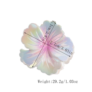 Detail shot of large flower hair claw clip with pearlescent gradient and dimensions