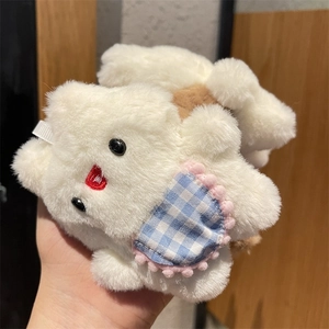 Cute white plush bunny hair claw clip with blue plaid bib accessory for women