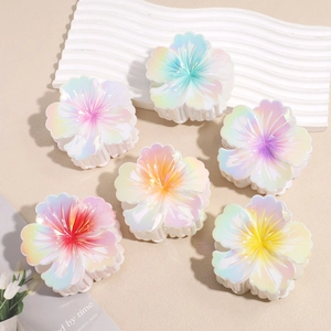 Large Pearlescent Gradient Hibiscus Flower Hair Claw Clip Colorful Resin Shark Hair Catch For Women Beach Vacation Accessory