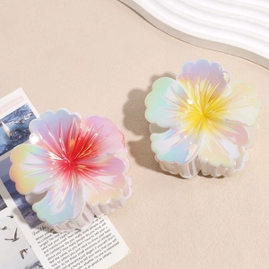 Pearlescent hibiscus flower hair claws with vibrant gradient color resin shark clips