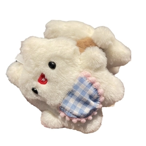 Cute white plush rabbit hair claw clip with blue plaid ribbon for women and girls