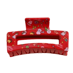 Rote Haarklammer aus Acryl mit bunten Weihnachtsmotiven und Merry Christmas Aufdruck