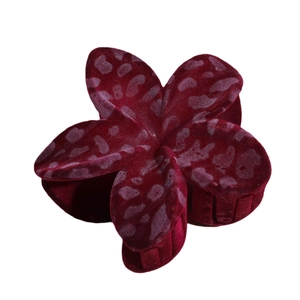 Velvet burgundy leopard print flower hair claw clip with vintage floral design for women