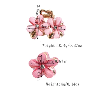 Pink camellia hair clips in two sizes with rhinestones and detailed dimensions