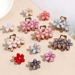 Mini camellia hair claw set with rhinestones and hollow heart metal clips in various colors
