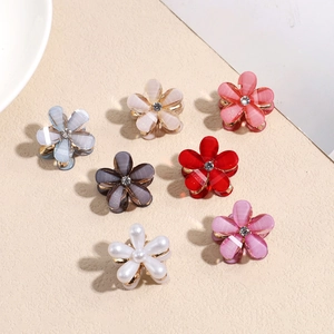 Mini resin flower hair clips set with rhinestones and gold metal base in multiple colors