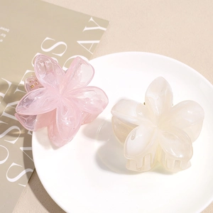 Pinces à cheveux frangipani nacrées élégantes en rose et blanc sur une assiette en céramique