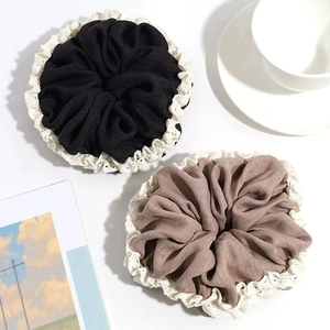 Lace trimmed fabric hair scrunchies in black and coffee brown for women's hairstyle