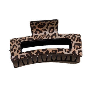Elegant large rectangular leopard print hair claw clip for bun hairstyles with hollow frame