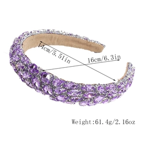 Detailed macro view showing purple crystals and dimensions of the baroque headband