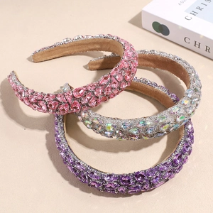 Baroque style padded headband with luxury rhinestones in pink, silver and purple colors