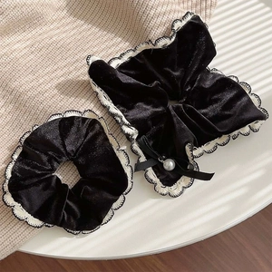 Korean Style Lace Edge Scrunchies For Women Retro Velvet Fabric Hair Ties Bow Artificial Pearl Decorative Elegant Hair Accessories