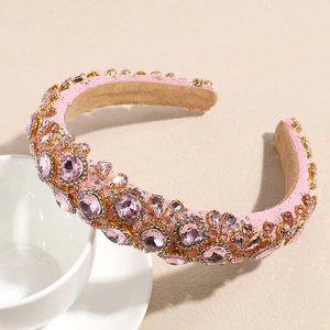 Detailed view of handmade pink crystal headband featuring rhinestones and glass beads