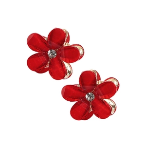 Mini camellia hair clips with red resin petals and sparkling rhinestones on golden base