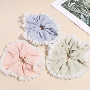 Korean Style Ruffle Edge Scrunchie Cotton Linen Fabric Large Hair Tie Fresh Sweet Chiffon Trim Hair Band Women Girls Hair Accessories