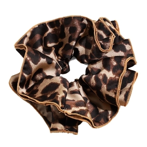 Double-layered oversized leopard print satin scrunchie with a glossy texture and elastic band