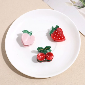 Cute fruit hair clips set featuring strawberry peach and cherry resin designs