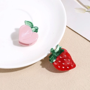Cute Korean style strawberry and peach hair clips in shiny acrylic for women