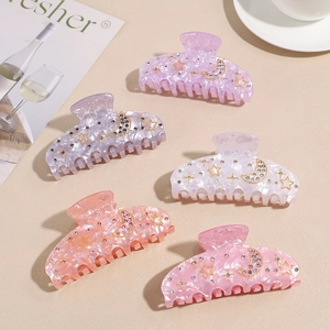 Elegant Large Acetate Hair Claw Clip With Moon Star Rhinestone Marble Texture Fashion Non-Slip Hair Accessory For Women