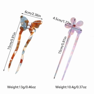 Detailed size and weight specs for butterfly and flower marble acetate U-shaped hair pins