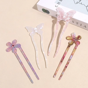 Vintage Acetate Hair Stick U-Shaped Butterfly Flower Hairpin With Artificial Pearl Rhinestone Elegant Chinese Style Hair Fork