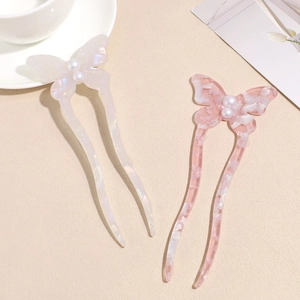 Elegant U-shaped butterfly acetate hair pin with pearls for graceful updo styling
