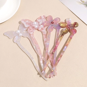 U-shaped hair pins with elegant pearls and acetic acid butterfly flower designs