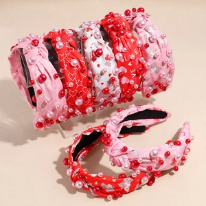 Damen Valentinstag Knoten Stirnband Kunstperlen Herz Liebe Bär Druck Stoff Süß Mode Haarschmuck Haarreifen Geschenk